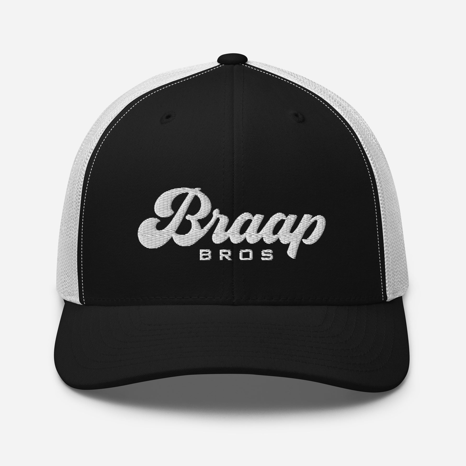 Black and white trucker hat with Braap Bros embroidered on front.