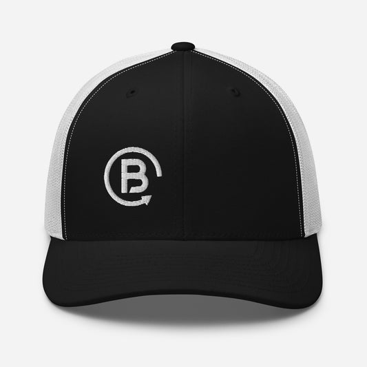 Black and white trucker hat with a B logo design on the right front panel.