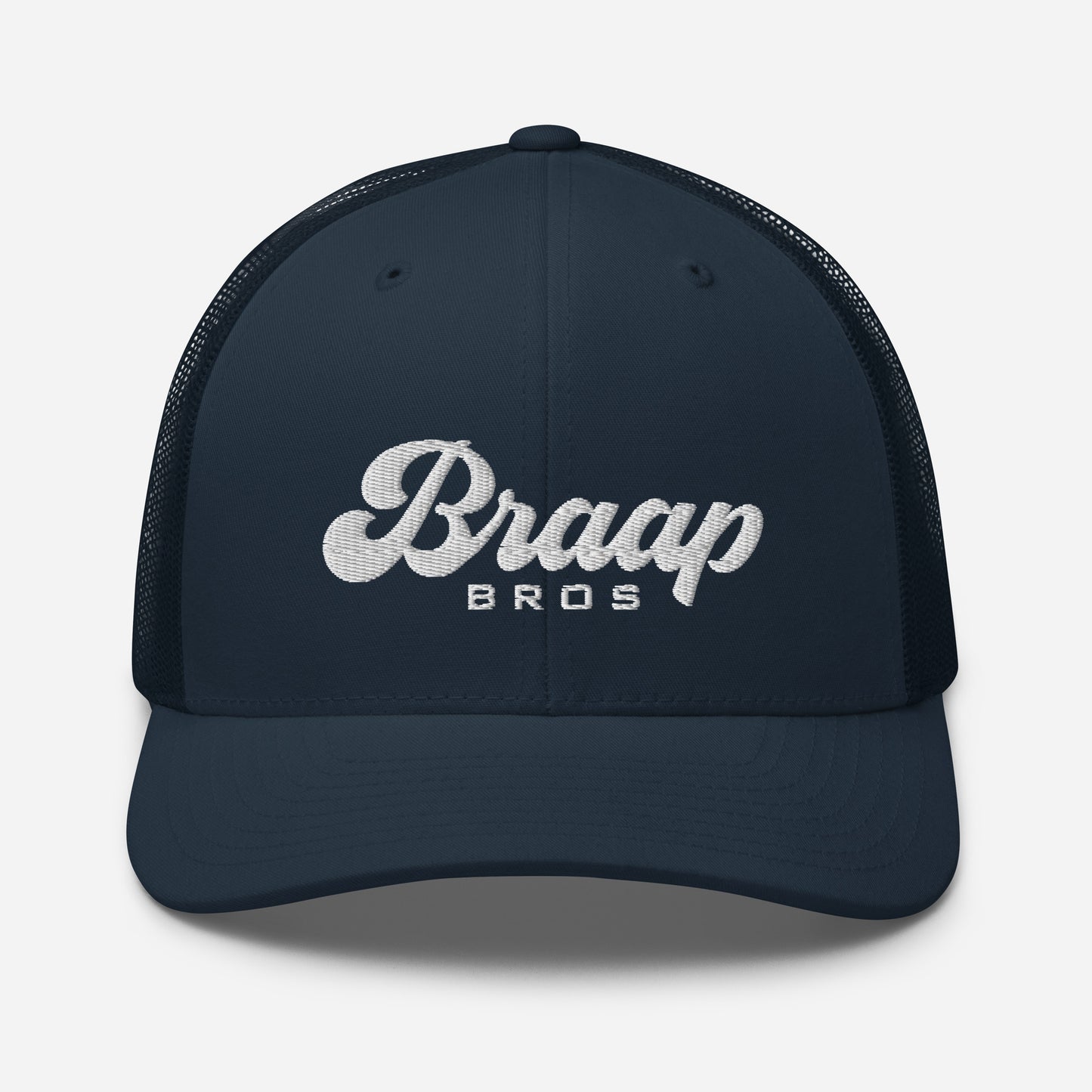 Navy Blue trucker hat with Braap Bros embroidered on front.