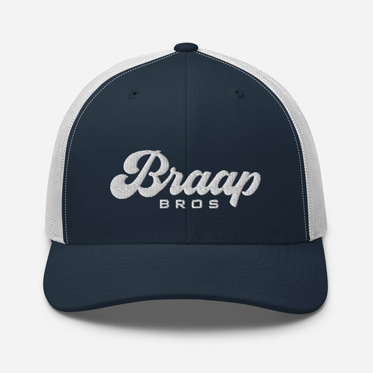 Navy blue and white trucker hat with Braap Bros embroidered on front.