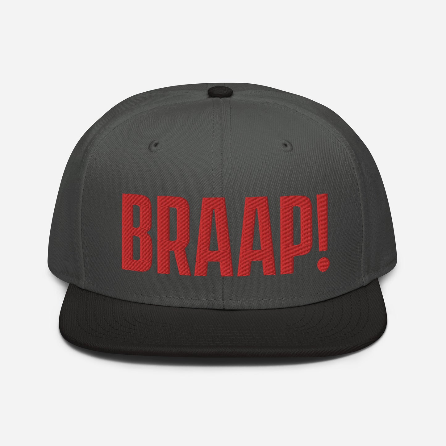 Charcoal and Black hat with red embroidered BRAAP! on the front