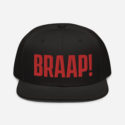 Black hat with red embroidered BRAAP! on the front