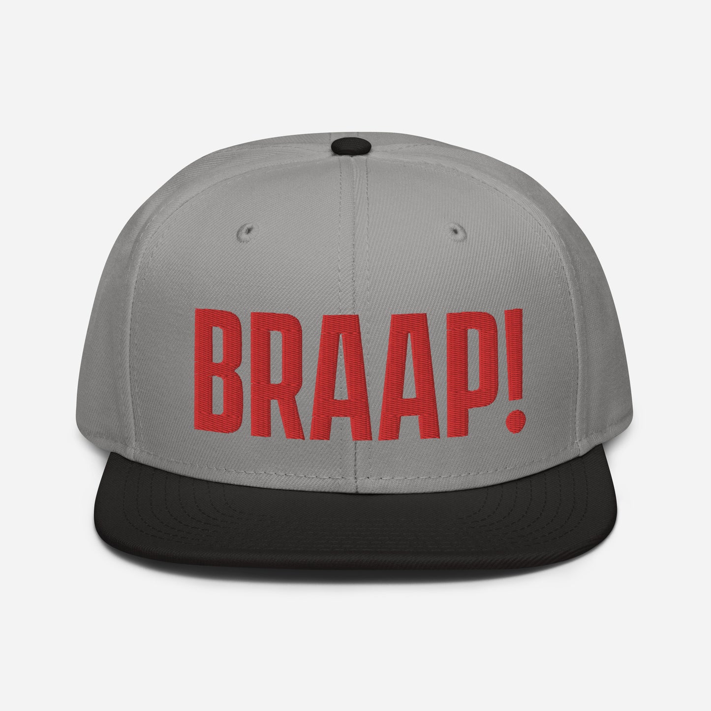 Grey and Black hat with red embroidered BRAAP! on the front