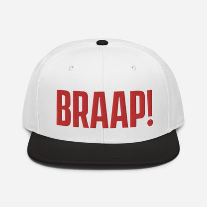 White and Black hat with red embroidered BRAAP! on the front