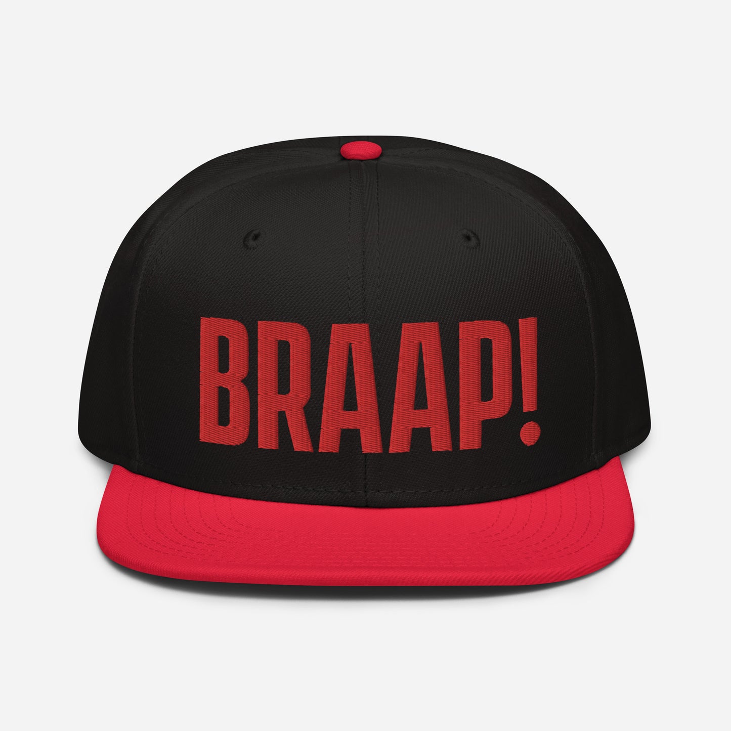 Black and red hat with red embroidered BRAAP! on the front