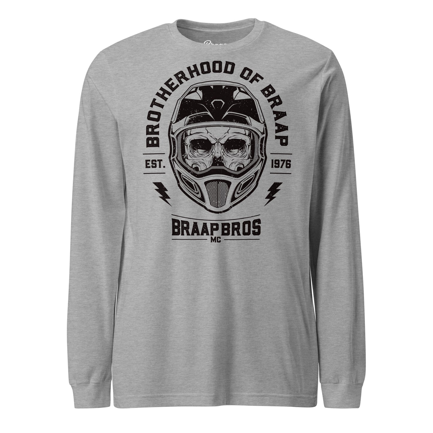 Skull and Helmet design on athletic heather long sleeve shirt.