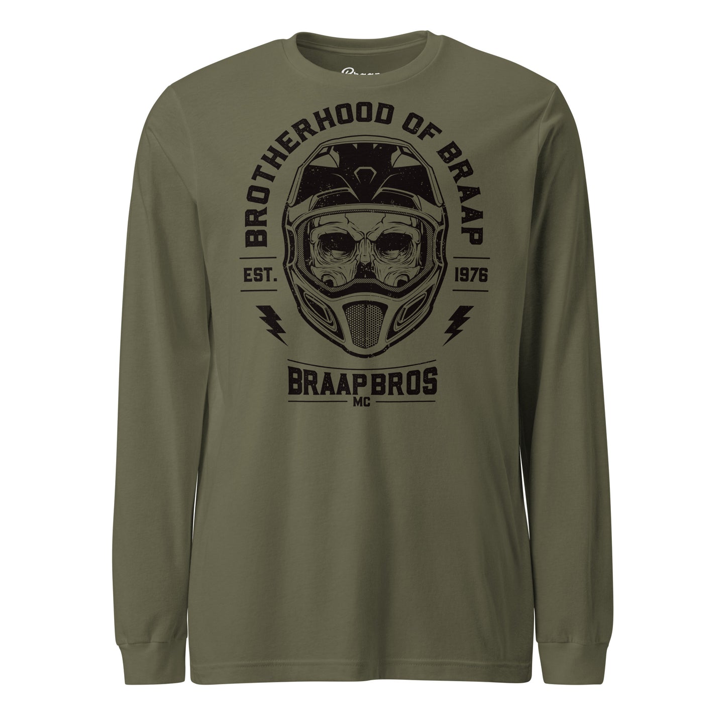 Skull and Helmet design on army green long sleeve shirt.