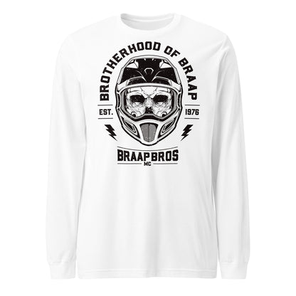 Skull and Helmet design on white long sleeve shirt.