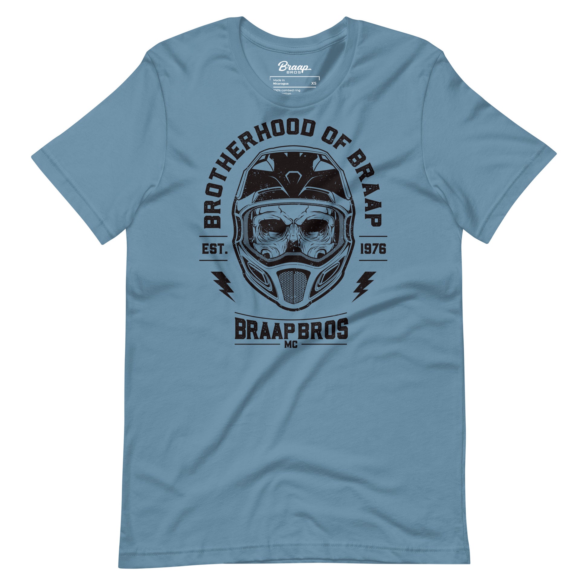 Skull and helmet design on blue t-shirt