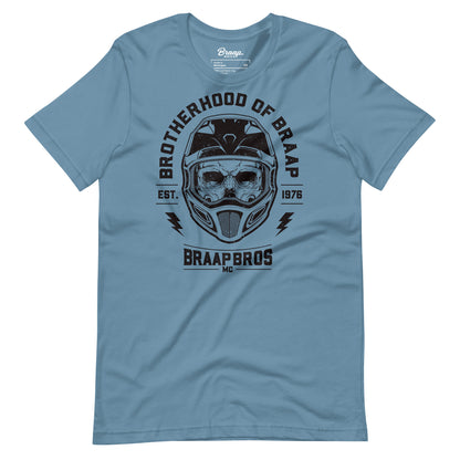 Skull and helmet design on blue t-shirt