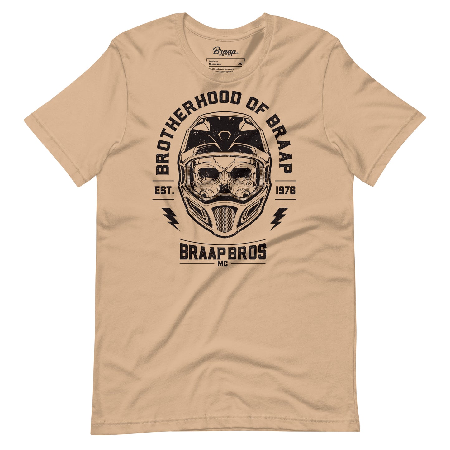 Skull and helmet design on tan t-shirt