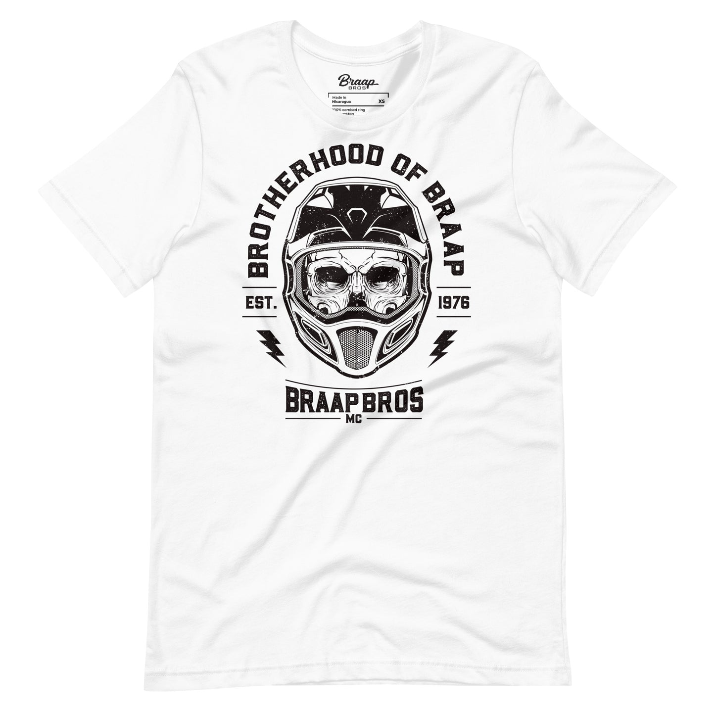 Skull and helmet design on white t-shirt